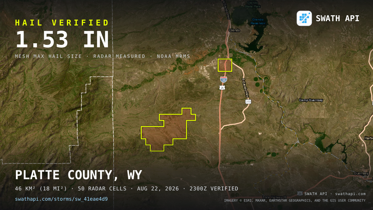 Storm card: 1.2–1.5" hail crossed Platte County, WY — August 22, 2026