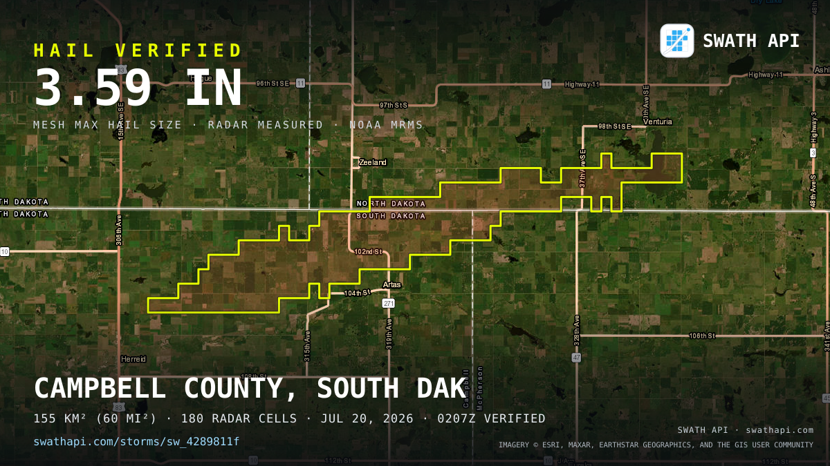 Storm card: 1.3–3.6" hail crossed Campbell County, SD — July 20, 2026