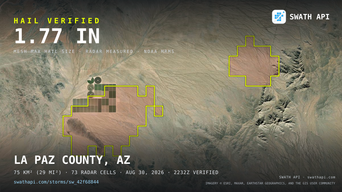 Storm card: 1.1–1.8" hail crossed La Paz County, AZ — August 30, 2026
