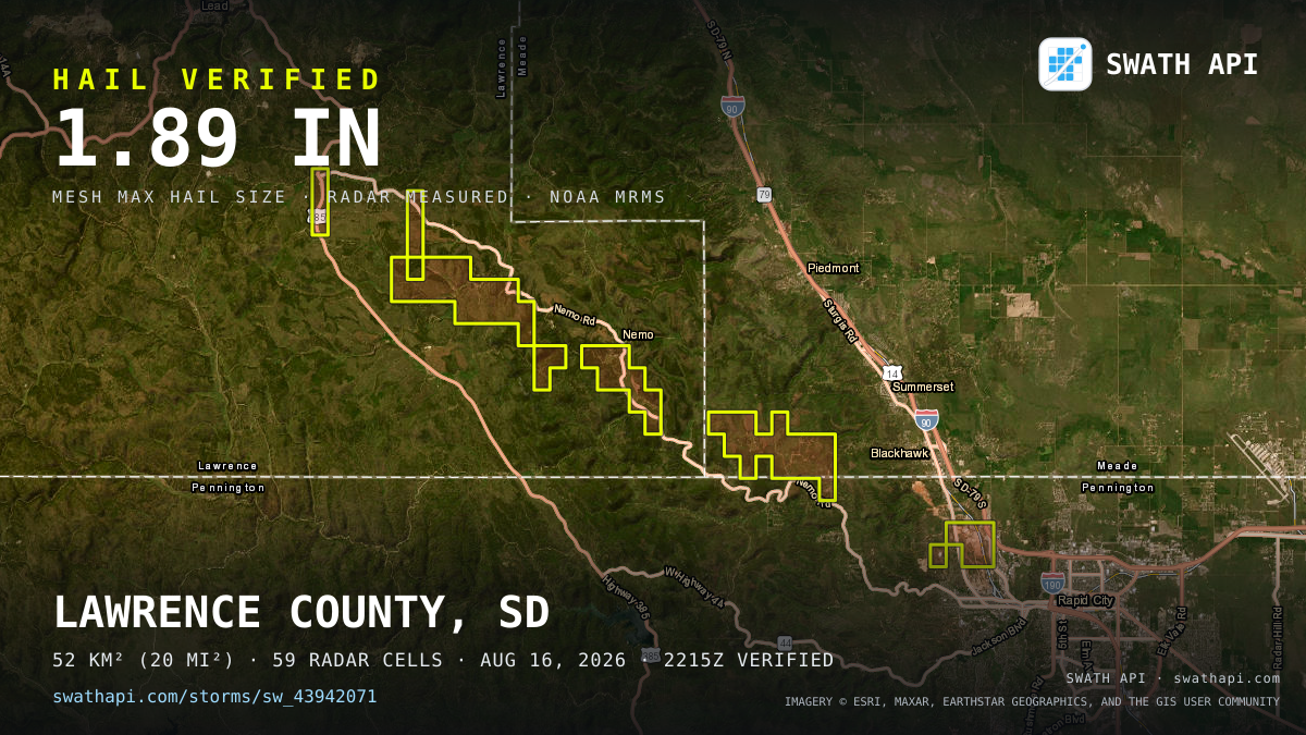 Storm card: 1.3–1.9" hail crossed Lawrence County, SD — August 16, 2026