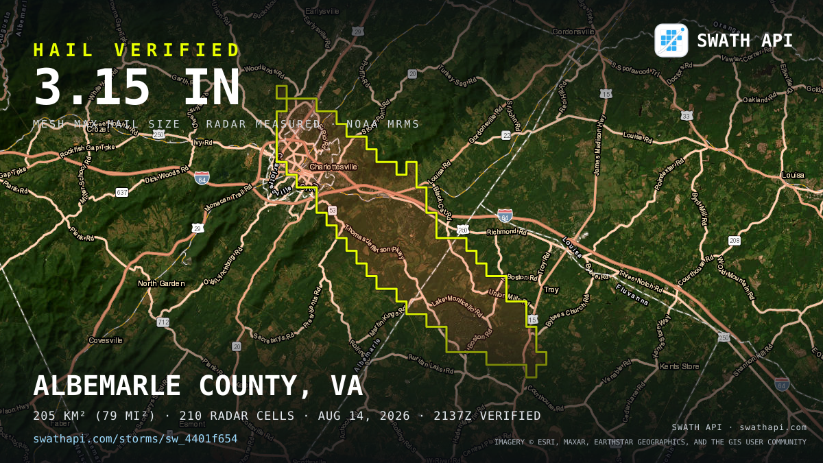 Storm card: 1.1–3.2" hail crossed Albemarle County, VA — August 14, 2026