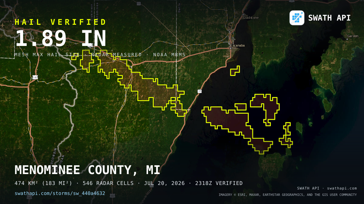Storm card: 1.2–1.9" hail crossed Delta County, MI — July 20, 2026