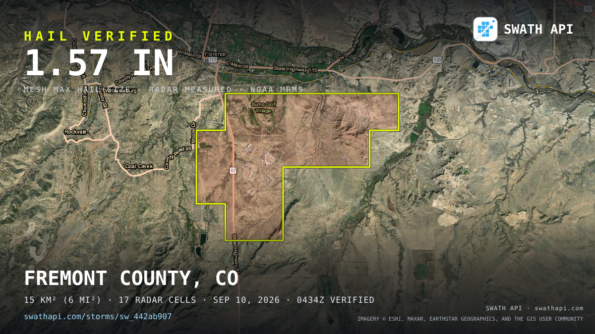 Storm card: 1.2–3.5" hail crossed Fremont County, CO — September 10, 2026