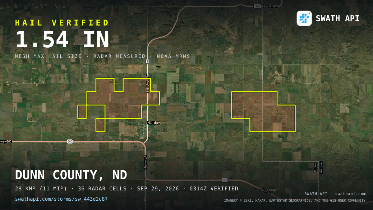 Storm card: 1.2–1.5" hail crossed Dunn County, ND — September 29, 2026