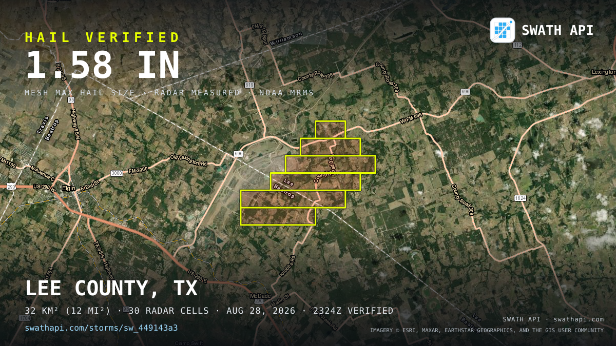 Storm card: 1.2–1.6" hail crossed Lee County, TX — August 28, 2026