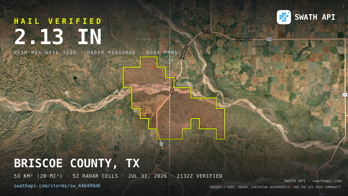 Storm card: 1.2–2.1" hail crossed Hall County, TX — July 31, 2026