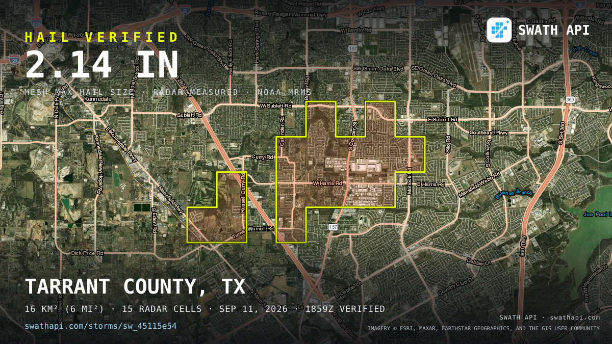 Storm card: 1.3–2.1" hail crossed Tarrant County, TX — September 11, 2026