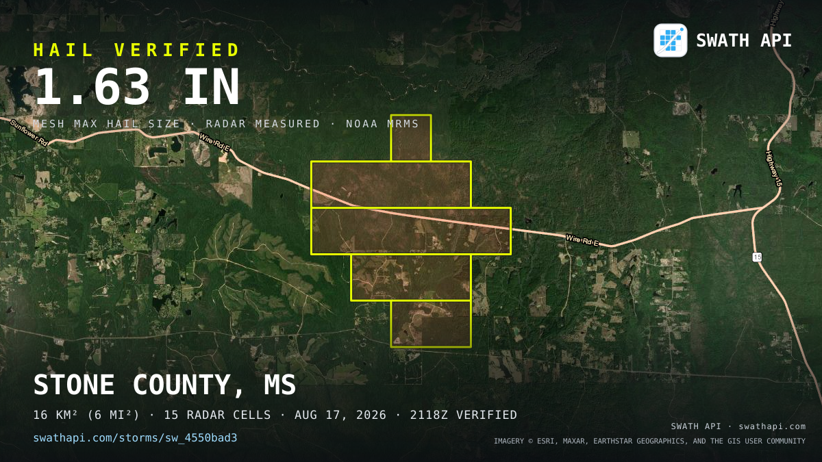 Storm card: 1.3–1.6" hail crossed Stone County, MS — August 17, 2026