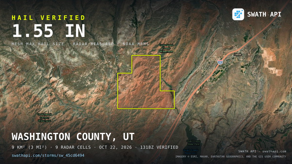 Storm card: 1.2–1.6" hail crossed Washington County, UT — October 22, 2026