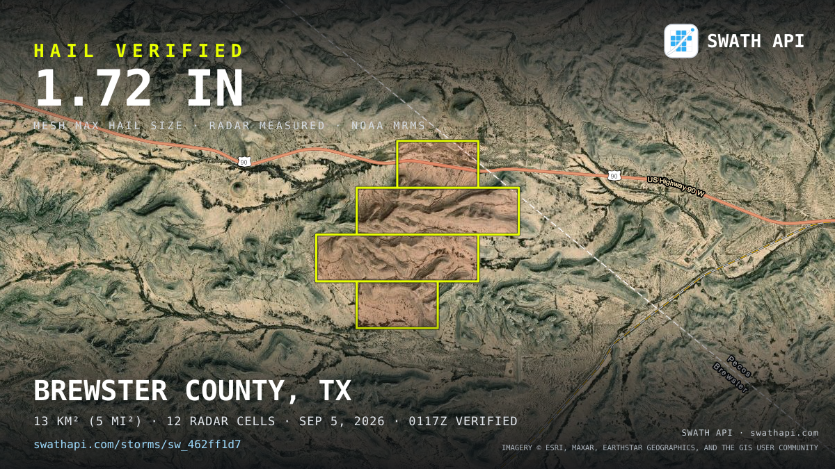 Storm card: 1.3–1.7" hail crossed Brewster County, TX — September 5, 2026