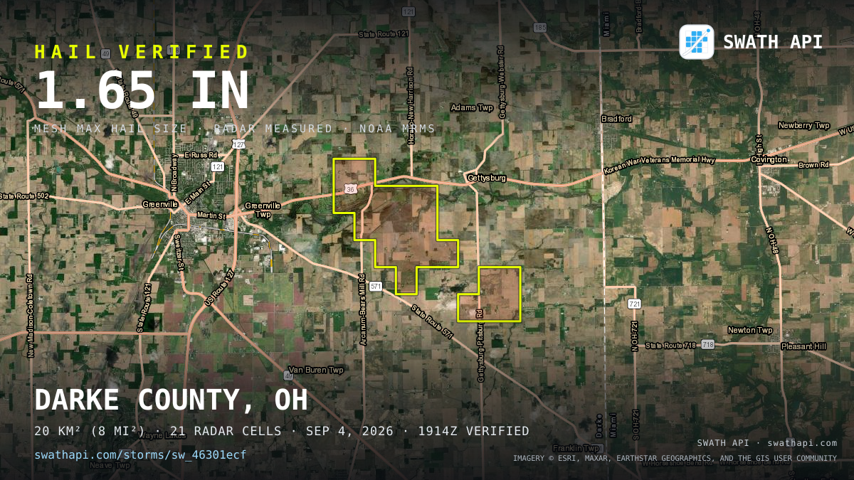 Storm card: 1.1–1.7" hail crossed Darke County, OH — September 4, 2026