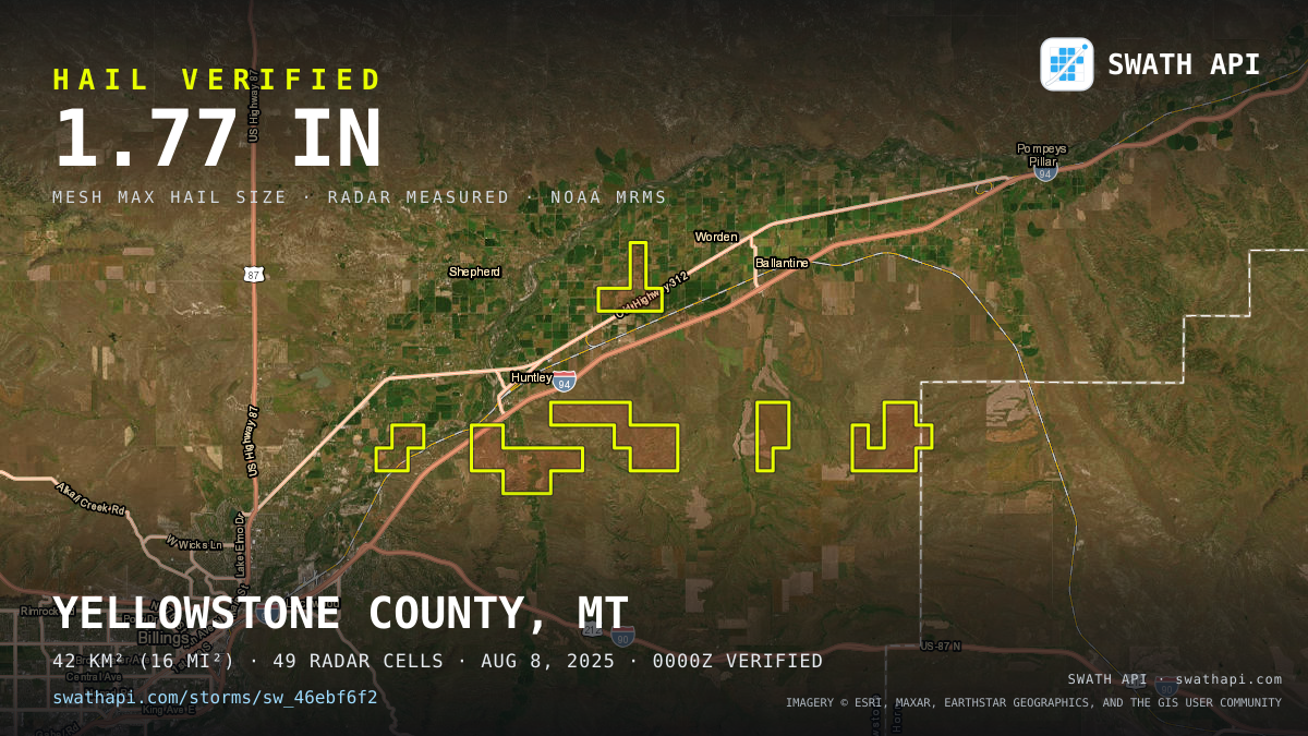 Storm card: 1.2–1.8" hail crossed Yellowstone County, MT — August 8, 2025