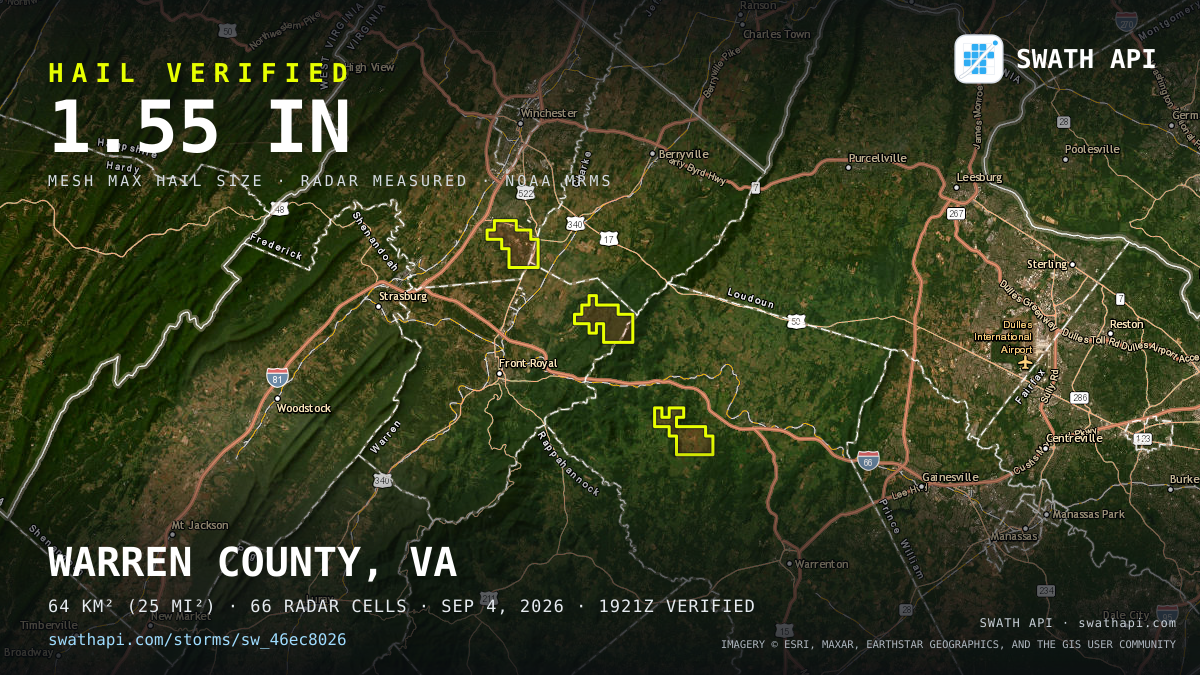 Storm card: 1.1–1.6" hail crossed Warren County, VA — September 4, 2026