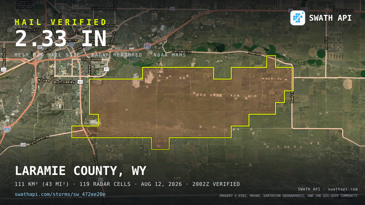 Storm card: 1.2–2.3" hail crossed Laramie County, WY — August 12, 2026