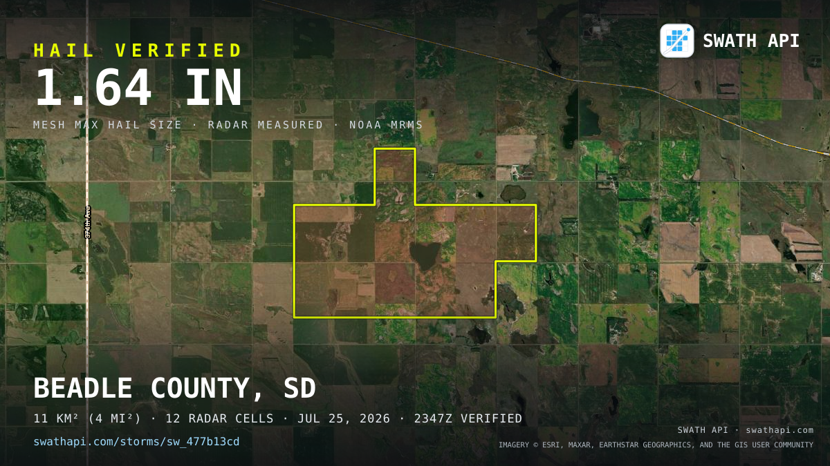 Storm card: 1.4–1.6" hail crossed Beadle County, SD — July 25, 2026
