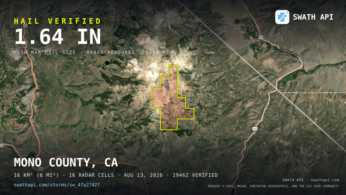 Storm card: 1.1–1.6" hail crossed Mono County, CA — August 13, 2026