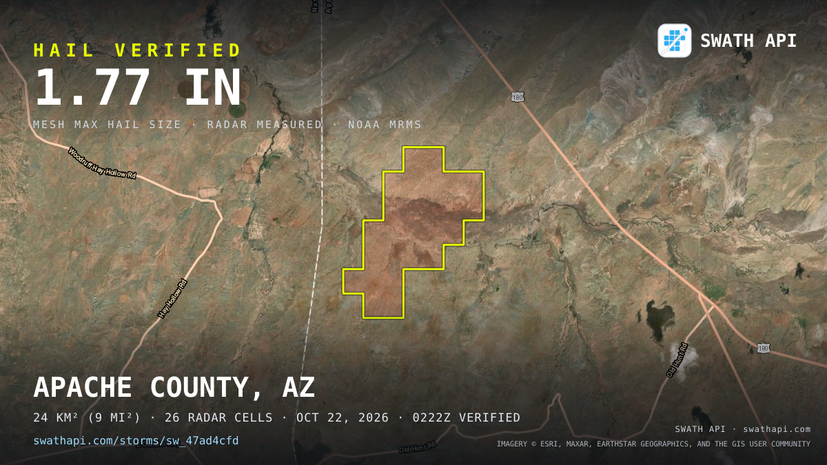 Storm card: 1.3–1.8" hail crossed Apache County, AZ — October 22, 2026