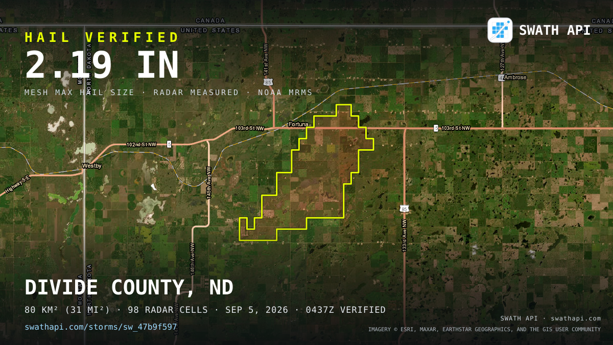 Storm card: 1.2–2.2" hail crossed Divide County, ND — September 5, 2026