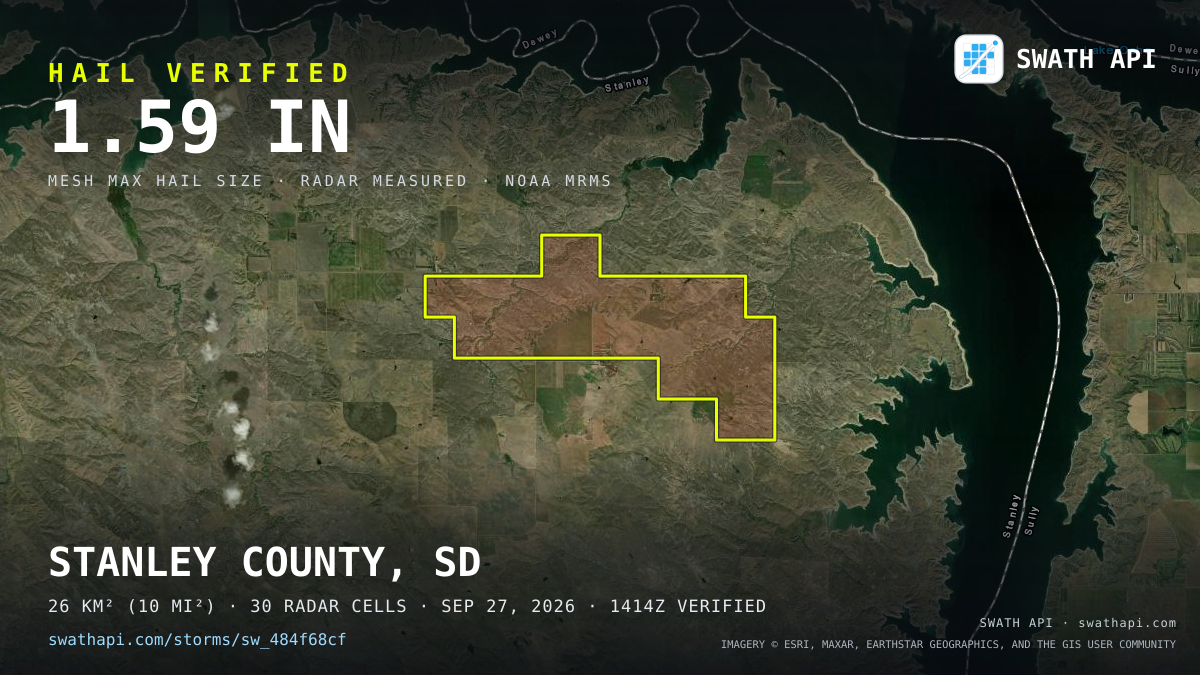 Storm card: 1.1–2" hail crossed Stanley County, SD — September 27, 2026