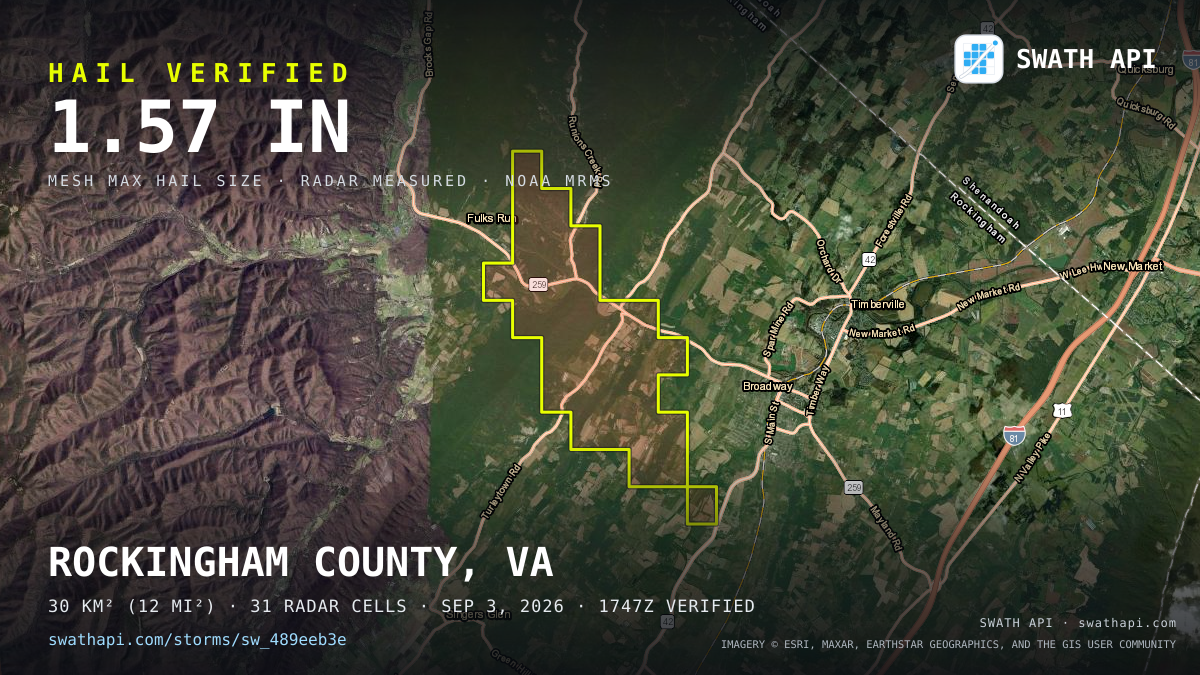 Storm card: 1.2–1.6" hail crossed Rockingham County, VA — September 3, 2026