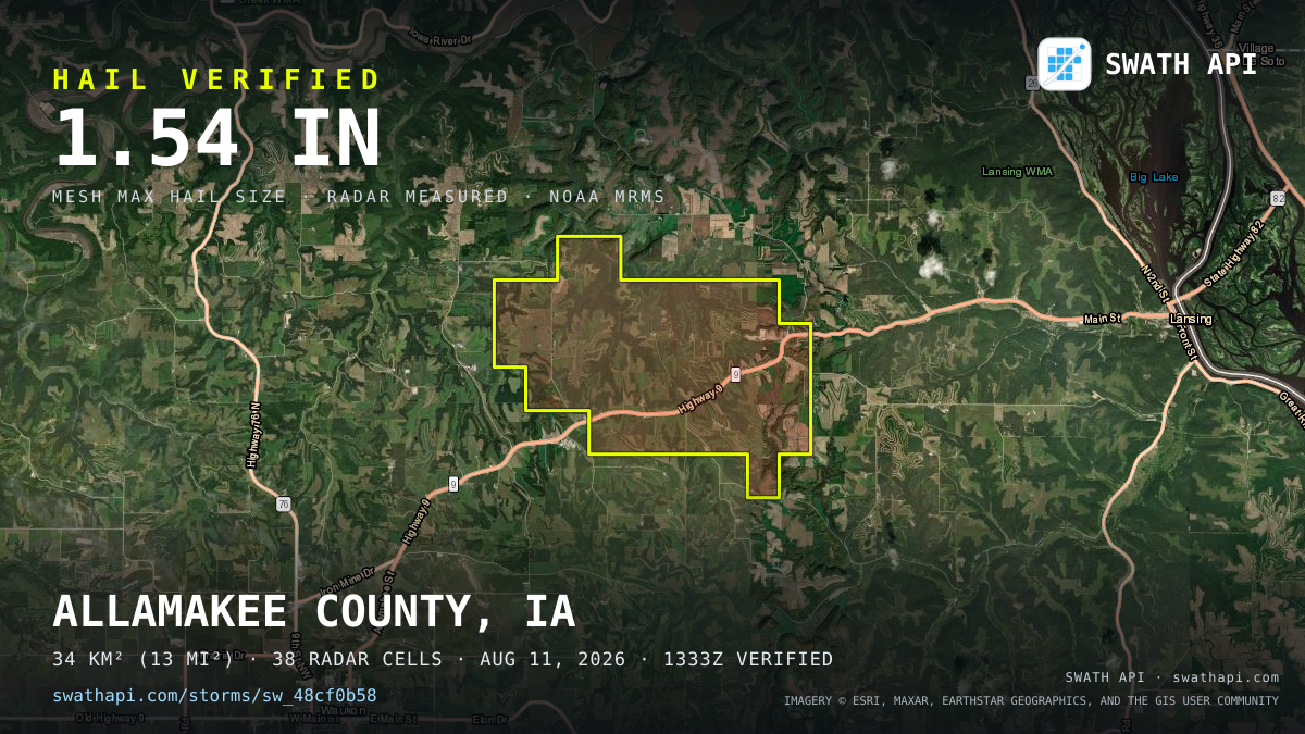 Storm card: 1.1–1.5" hail crossed Allamakee County, IA — August 11, 2026