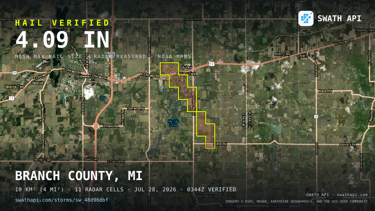Storm card: 3.1–4.1" hail crossed Branch County, MI — July 28, 2026