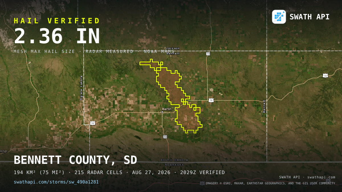 Storm card: 1.3–2.4" hail crossed Bennett County, SD — August 27, 2026