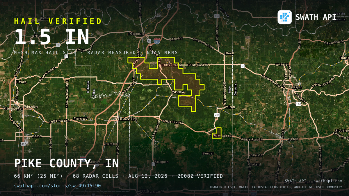 Storm card: 1.1–1.5" hail crossed Pike County, IN — August 12, 2026