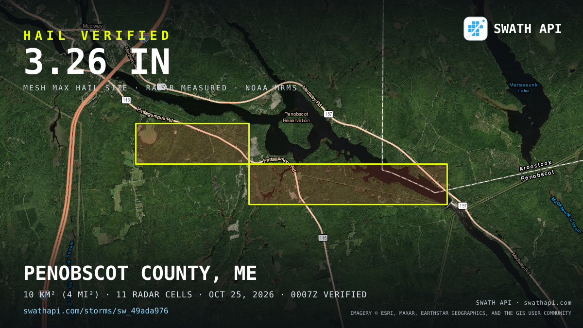 Storm card: 1.9–3.3" hail crossed Penobscot County, ME — October 25, 2026