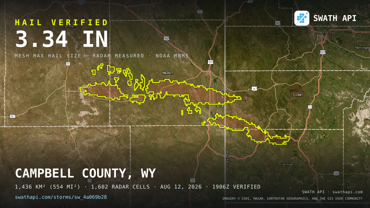 Storm card: 1.2–3.3" hail crossed Weston County, WY — August 12, 2026