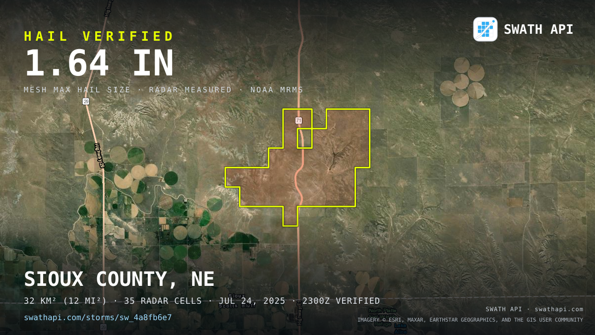 Storm card: 1.2–1.6" hail crossed Sioux County, NE — July 24, 2025