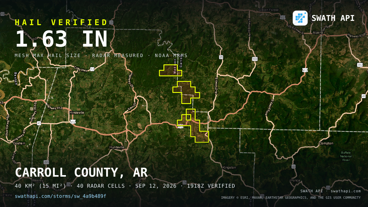 Storm card: 1.1–1.6" hail crossed Madison County, AR — September 12, 2026
