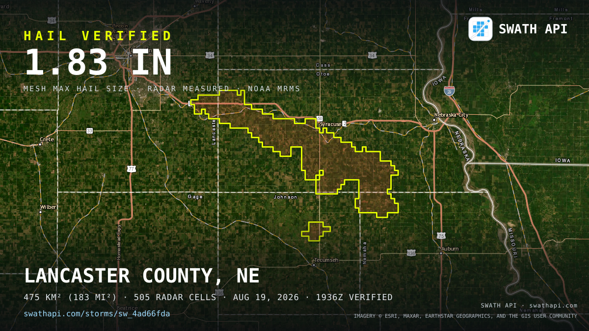Storm card: 1.1–1.8" hail crossed Otoe County, NE — August 19, 2026