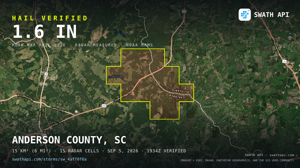 Storm card: 1.3–1.6" hail crossed Anderson County, SC — September 5, 2026