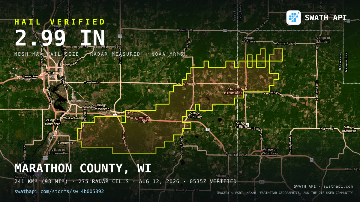 Storm card: 1.2–3" hail crossed Marathon County, WI — August 12, 2026