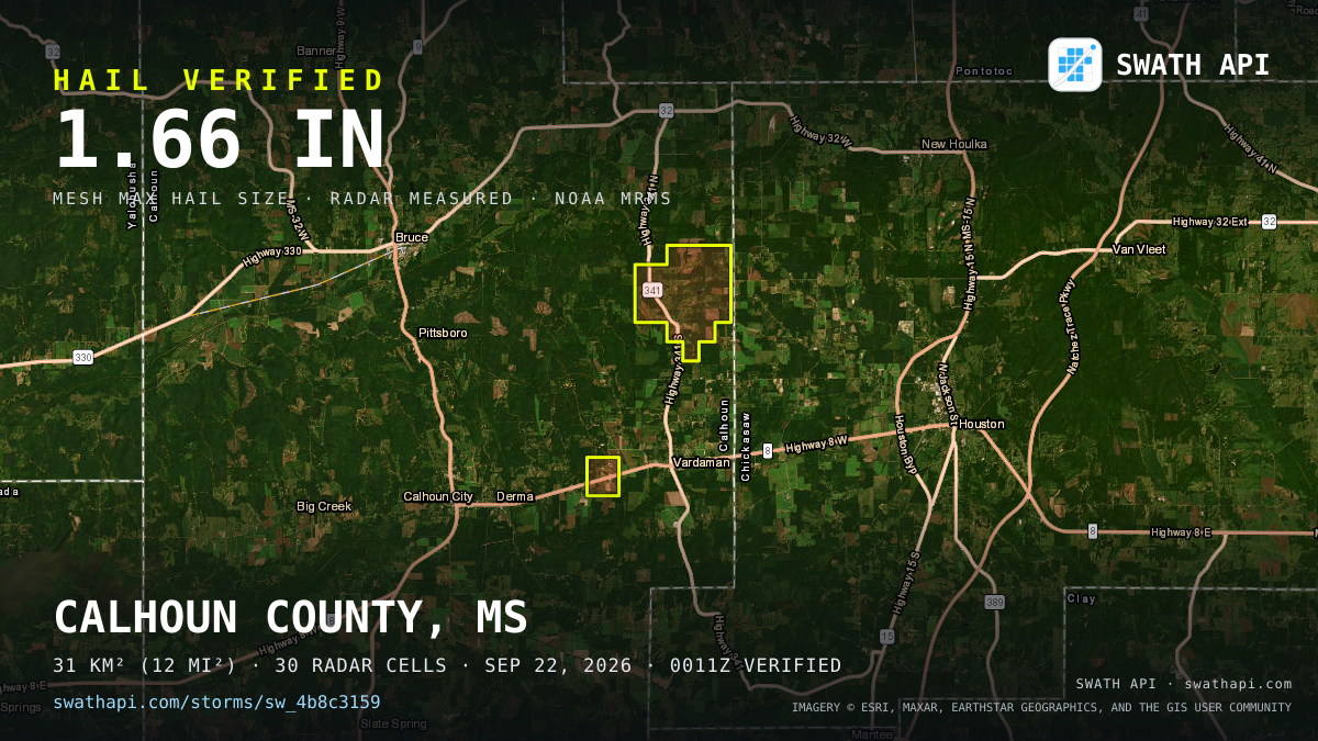 Storm card: 1.2–1.7" hail crossed Calhoun County, MS — September 22, 2026