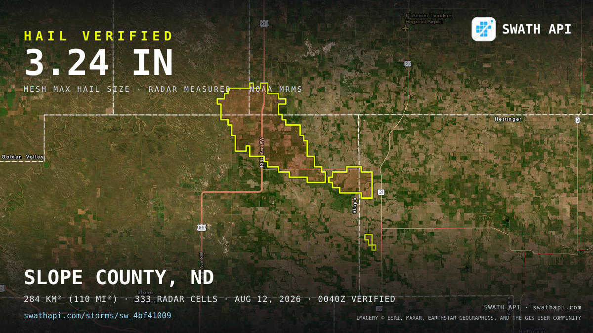 Storm card: 1.2–3.2" hail crossed Slope County, ND — August 12, 2026