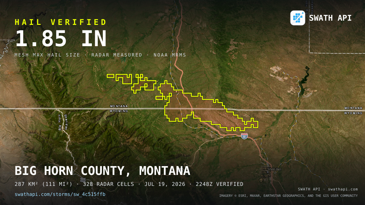 Storm card: 1.1–1.9" hail crossed Big Horn County, MT — July 19, 2026