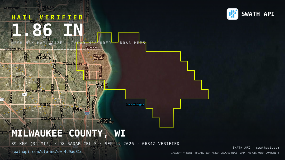 Storm card: 1.1–1.9" hail verified near 43.17, -87.84 — September 4, 2026