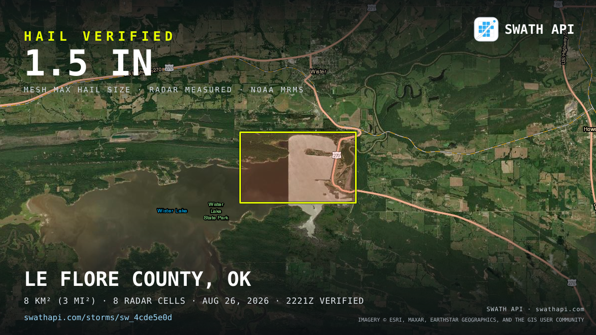 Storm card: 1.2–1.5" hail crossed Le Flore County, OK — August 26, 2026