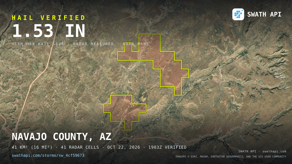 Storm card: 1.1–1.6" hail crossed Navajo County, AZ — October 22, 2026