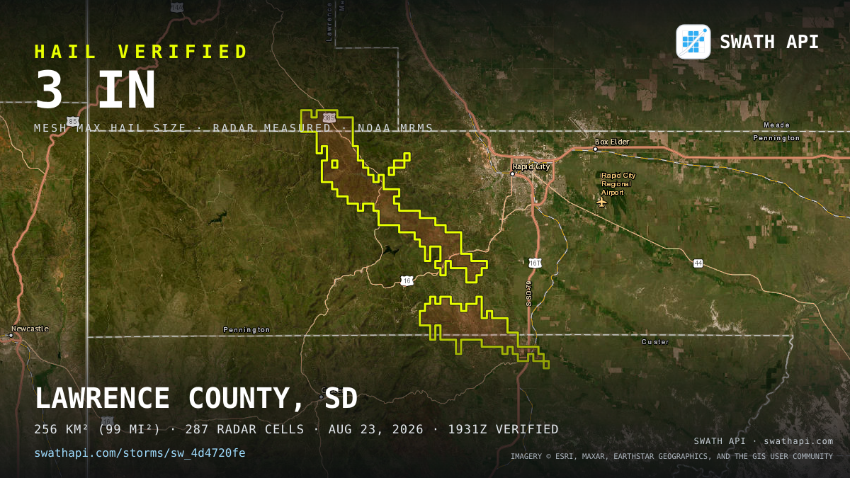Storm card: 1.3–3" hail crossed Pennington County, SD — August 23, 2026