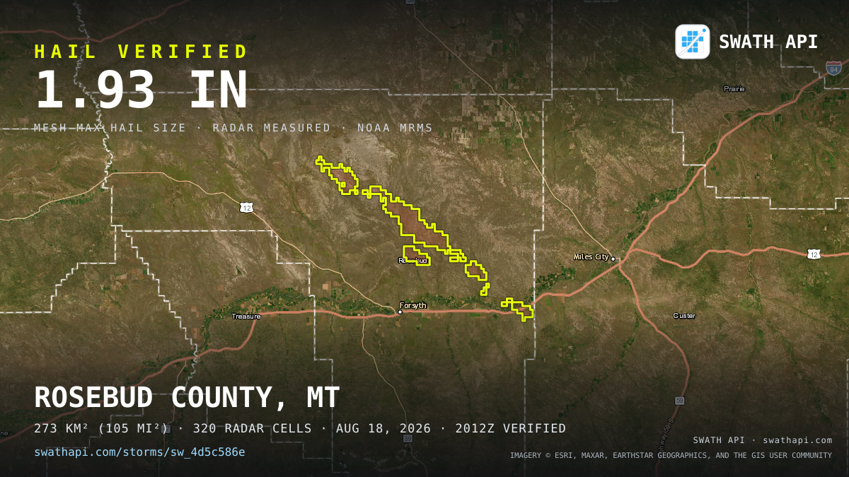 Storm card: 1.1–1.9" hail crossed Rosebud County, MT — August 18, 2026