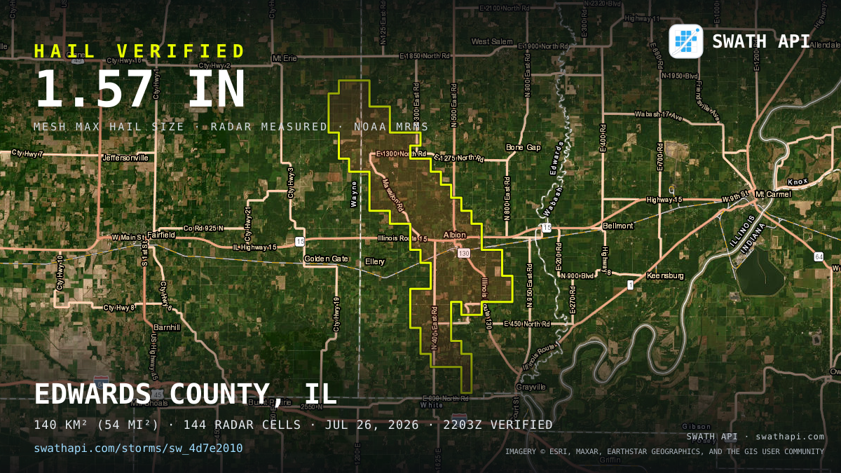 Storm card: 1.1–1.6" hail crossed Edwards County, IL — July 26, 2026