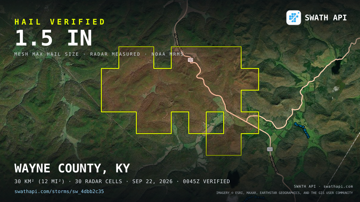 Storm card: 1.1–1.5" hail crossed Wayne County, KY — September 22, 2026