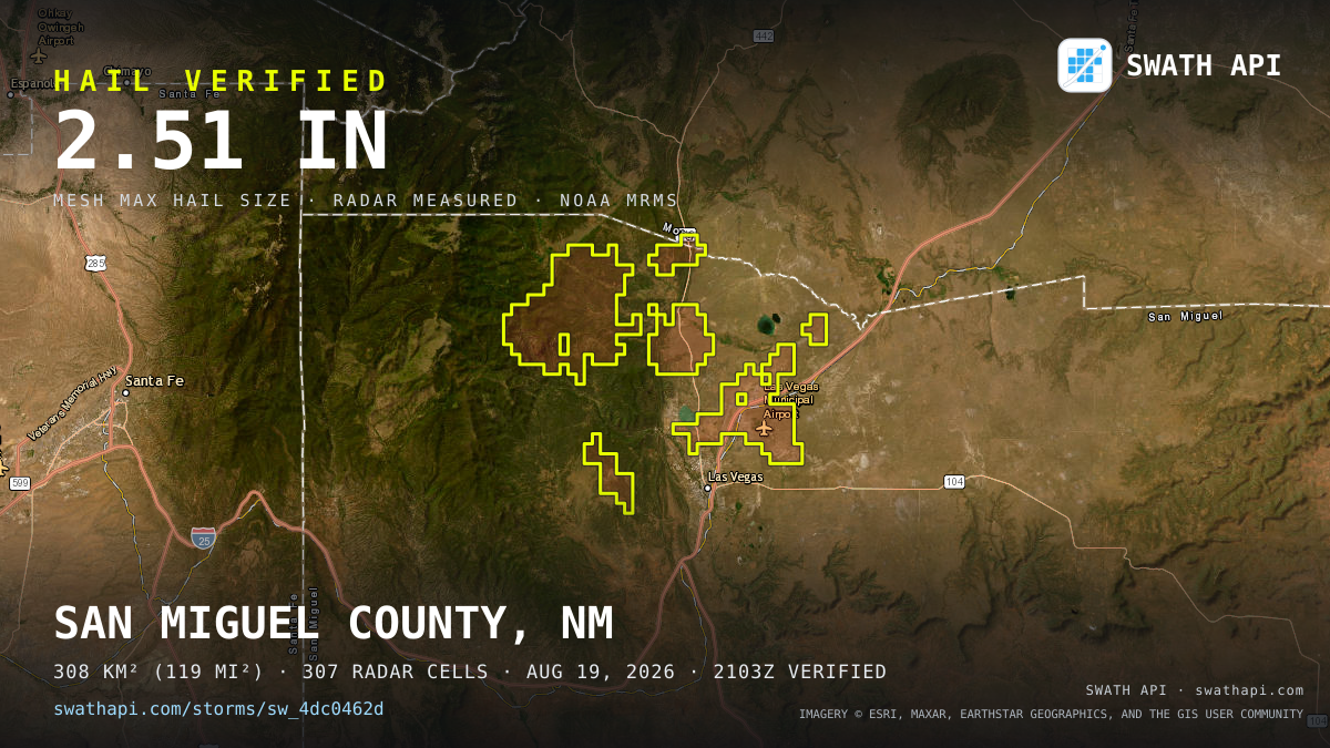 Storm card: 1.1–2.5" hail crossed San Miguel County, NM — August 19, 2026