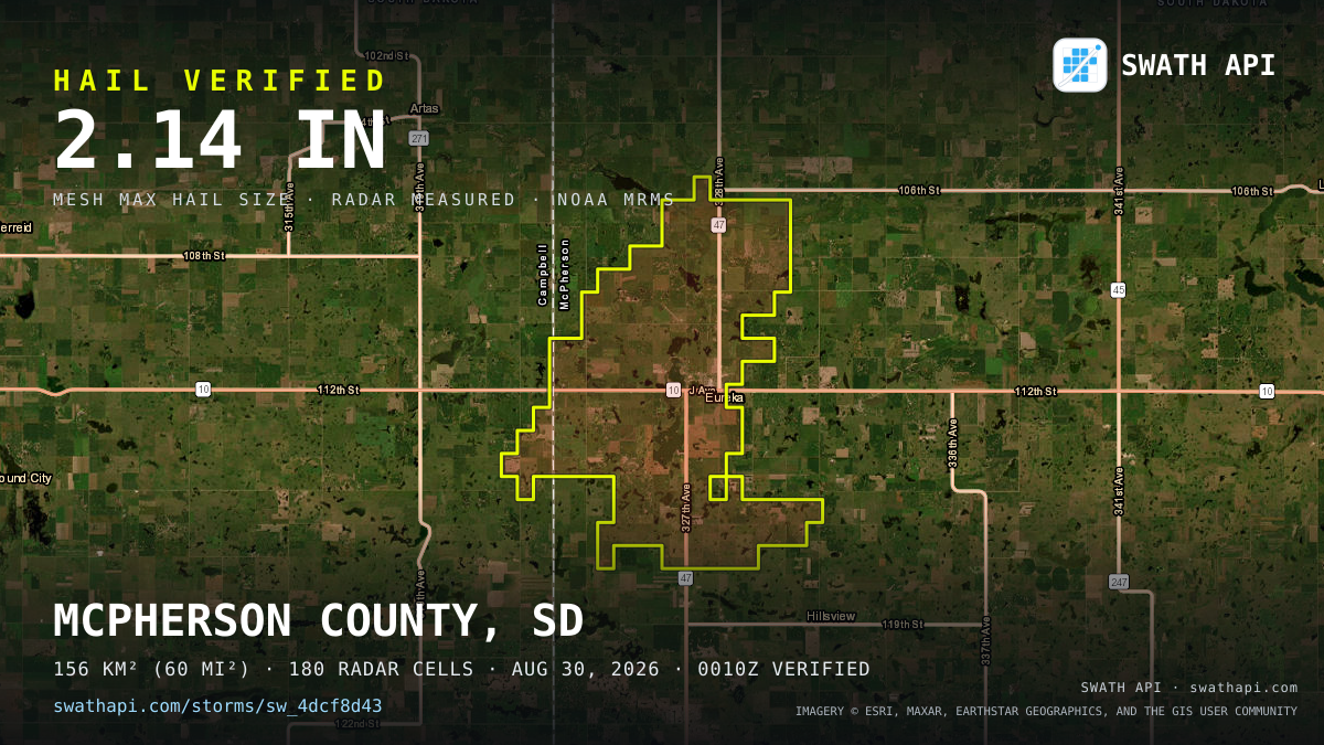 Storm card: 1.1–2.1" hail crossed McPherson County, SD — August 30, 2026