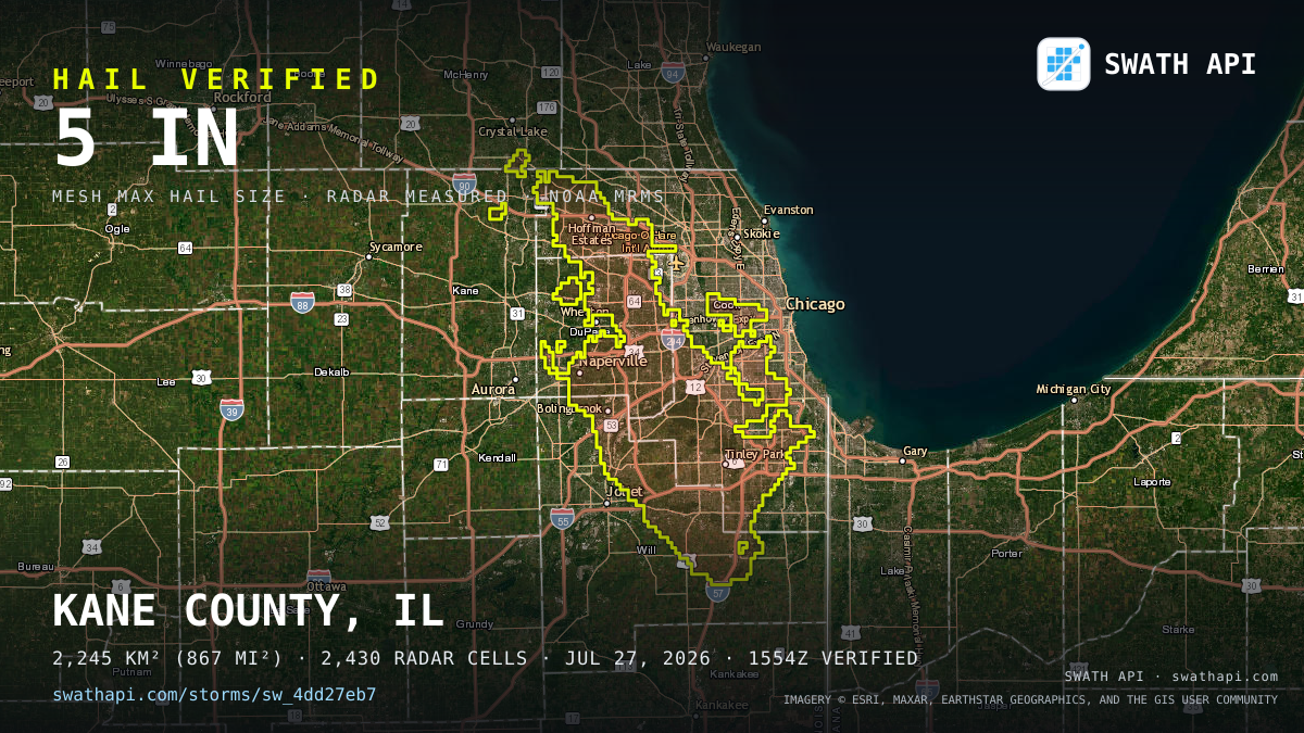 Storm card: 1.3–5" hail crossed DuPage County, IL — July 27, 2026