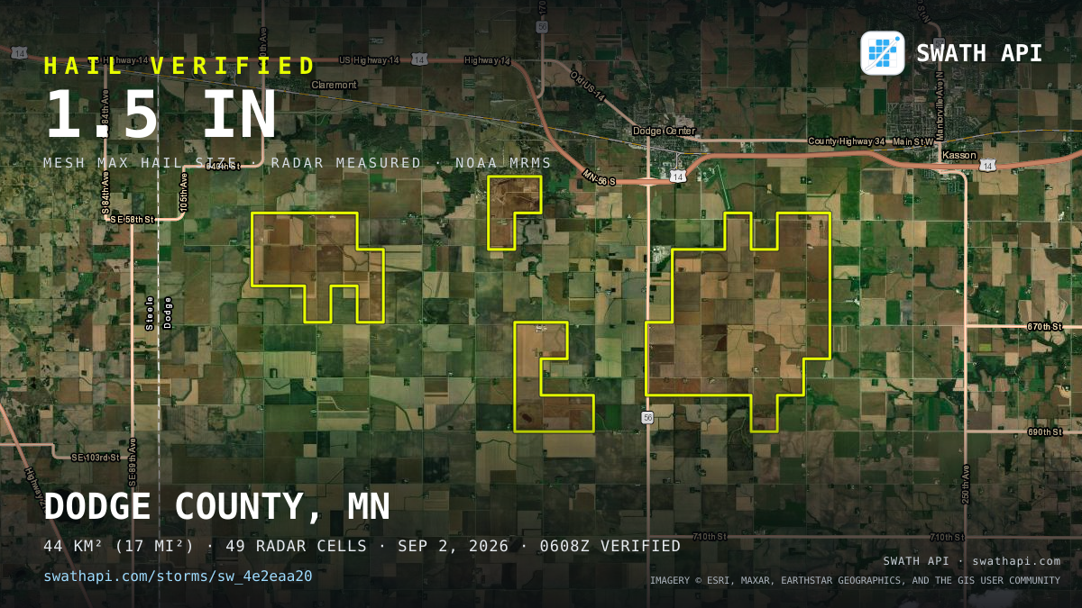 Storm card: 1.2–1.5" hail crossed Dodge County, MN — September 2, 2026