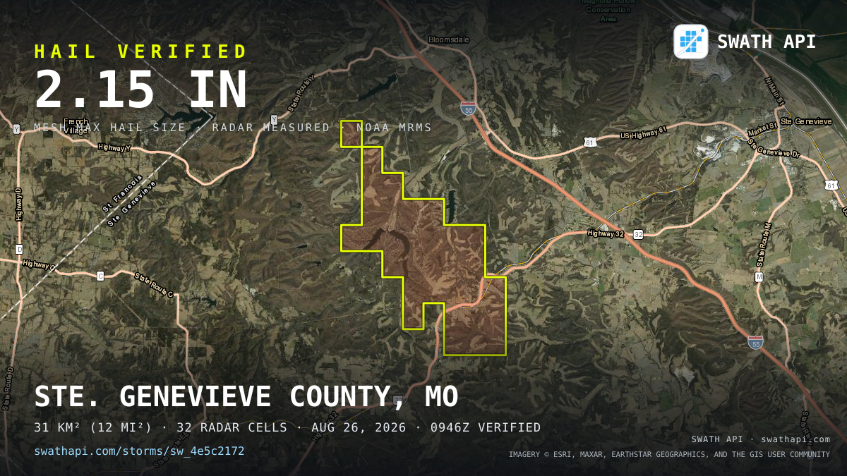 Storm card: 1.2–2.2" hail crossed Ste. Genevieve County, MO — August 26, 2026